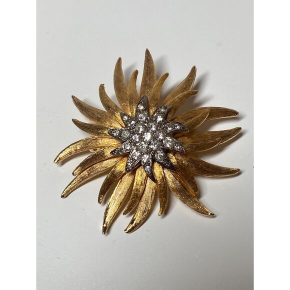 Atomic Sputnik Starburst Rhinestone Brooch Clip Earrings Set Two Tone Metal VTG - Picture 4 of 16